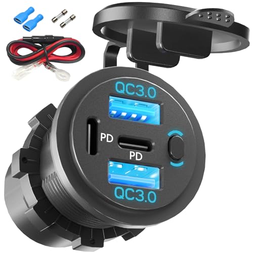 VANONE 12V USB Outlet Socket with On/Off Switch – 4-Port Fast Charging