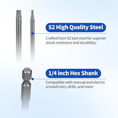 11pcs Security Torx Screwdriver Bit Sets, 1/4 Inch Hex Shank S2 Steel Magnetic security torx bit set, 4in long torx bit set T6 T7 T8 T9 T10 T15 T20 T25 T27 T30 T40 - size: 4" Long T6-T40