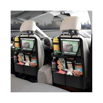 2 PCS Car Backseat Organizer with Tray, Waterproof Back Seat Protector with Touch Screen Tablet Holder, 11 Storage Pockets Anti-Scratch Kick Mat Universal for Family Road Trips