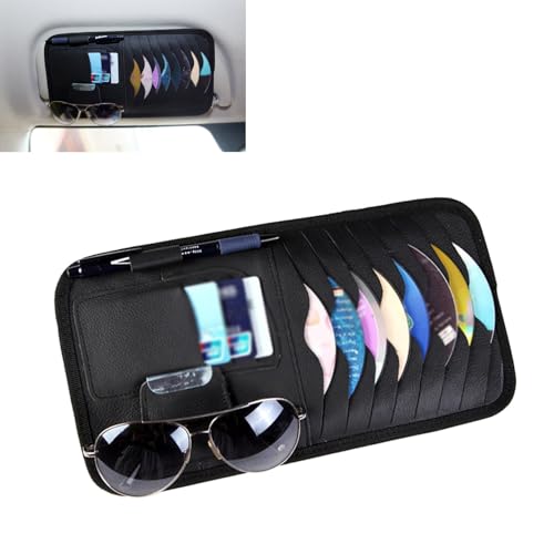 1 PC Car Sun Visor CD Storage Bag, Multi-pocket Leather Layered Organizer, Multi-functional Storage Folder for CDs Sunglasses Cards Pens, Universal Interior Accessories for Cars (Black)