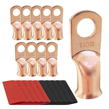 10pcs 1 AWG-3/8 Ring Battery Lugs, Copper Lugs, Battery Cable Ends, Tubular Ring Terminals, Crimp Wire Ring Lugs, Battery Terminal Connectors with Heat Shrink Tubing (10, 1 Awg - 3/8" (M10) Ring) - size: 1 Awg - 3/8" (M10) Ring