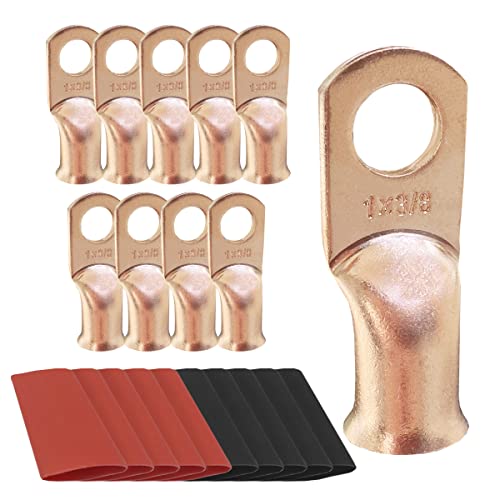 10pcs 1 AWG-3/8 Ring Battery Lugs, Copper Lugs, Battery Cable Ends, Tubular Ring Terminals, Crimp Wire Ring Lugs, Battery Terminal Connectors with Heat Shrink Tubing (10, 1 Awg - 3/8" (M10) Ring) - size: 1 Awg - 3/8" (M10) Ring