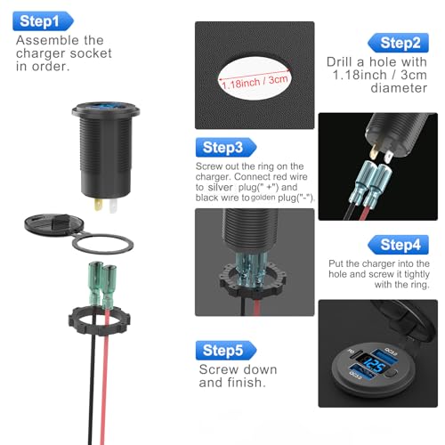 Hapytrip 12 Volt USB Outlet Dual Quick Charge 3.0 Port and PD3.0 USB C Car Battery Chargers Socket, Waterproof 12V Power Outlet Cigarette Lighter Replacement DIY Kit with Voltmeter and Switch for Boat - color: pack of one