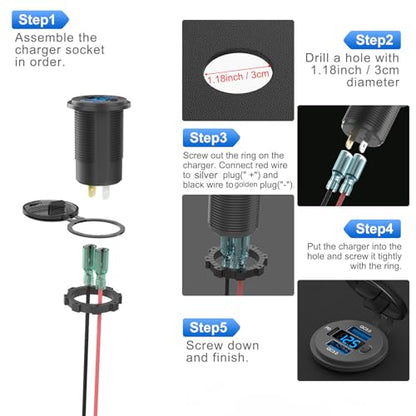 Hapytrip 12 Volt USB Outlet Dual Quick Charge 3.0 Port and PD3.0 USB C Car Battery Chargers Socket, Waterproof 12V Power Outlet Cigarette Lighter Replacement DIY Kit with Voltmeter and Switch for Boat - color: pack of one