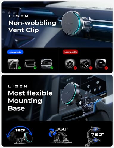 LISEN for Qi2.2 25W MagSafe Car Mount Charge,Cooling Fan,95W Fast Adapter - color: Black