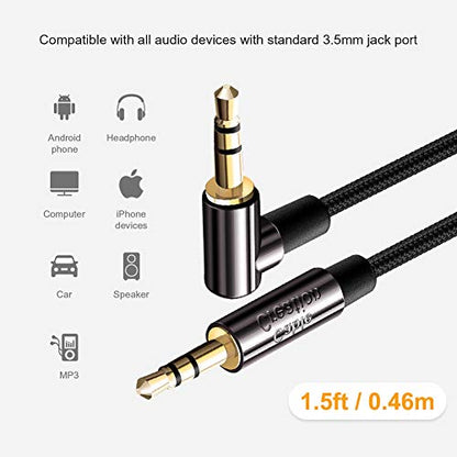 CableCreation 3.5mm Audio Cable 0.45M+0.9M, 3.5mm Right Angle Male to Male Auxiliary Cable with Silver-Plating Copper Core for Car Stereos, iPhones, Tablets, PS4 Headset, Echo-Dot, 24K Gold Plated