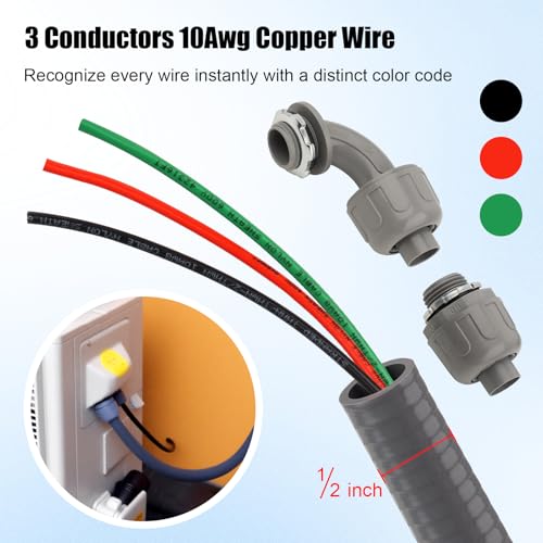 1/2Inch Power Whips Assembly, 6FT Nonmetallic Liquid Tight Flexible Conduit Wire with 3 Conductors 10 Gauge THHN Electrical Wires, A/C Hook-up Whip Kit Electrical Wire(6FTx1/2Inch) - color: Teminal, size: 6 ft