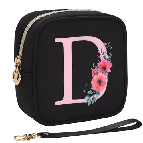Relavel Initial Mini Makeup Bag for Girls, Small Makeup Bag for Purse with Zipper ＆ Removable Handle, Portable Makeup Pouch Lipstick Skincare Bag, Small Gift Cosmetic Bags for Women Girls(Black D) - size: A-Small, style: D