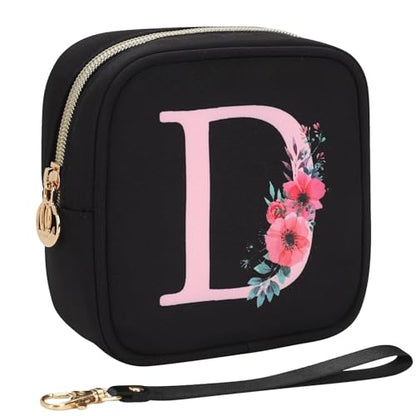 Relavel Initial Mini Makeup Bag for Girls, Small Makeup Bag for Purse with Zipper ＆ Removable Handle, Portable Makeup Pouch Lipstick Skincare Bag, Small Gift Cosmetic Bags for Women Girls(Black D) - size: A-Small, style: D