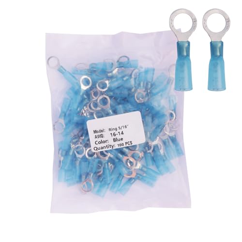 100pcs 5/16" Blue Heat Shrink Ring Connectors,AWG16-14 Gauge Tinned Red Copper 0.7mm Ring Terminals Connectors,Brazed-Seam Insulated Electrical Crimp Wire Terminals - color: Blue, size: Ring 5/16"