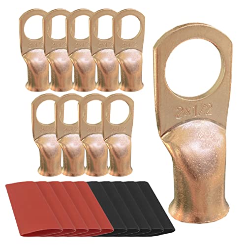 10pcs 2 AWG-1/2 Ring Battery Lugs, Copper Lugs, Battery Cable Ends, Tubular Ring Terminals, Crimp Wire Ring Lugs, Battery Terminal Connectors with Heat Shrink Tubing (10, 2 Awg - 1/2" (M12) Ring) - size: 2 Awg - 1/2" (M12) Ring