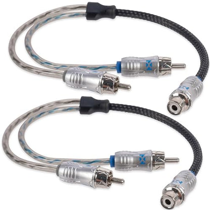 NVX® XIX2M Oxygen Free Copper 1 Female to 2 Male Y-Adapter Double Twisted Pair X-Series Car Audio RCA Audio Cable with Shielded Noise Reduction and Split-tip Silver-Plated Machined Ends (2-Pack) - size: 1 Female to 2 Male Y-Adapter