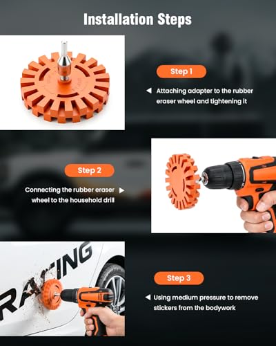 Eraser Wheel Decal Remover Tool Kit, 3 Upgraded Rubber Wheels with Razor Blade Scrapers & Drill Adapters + 10 Wipes, Removing Adhesive Stickers Vinyl Pinstripes Emblem Glue for Car Truck RV