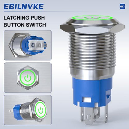 16mm Latching Push Button Switch 5A 12V Power Symbol LED Ring SPDT - color: Silver Shell-Green