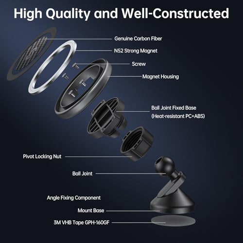 SYNCWIRE MagSafe Car Mount - Flexible Rotation Magnetic Phone Holder for Dash, Strong Magnets, Universal Compatible iPhone, Samsung, Pixel - MagSafe Car Accessories - color: Carbon Fiber