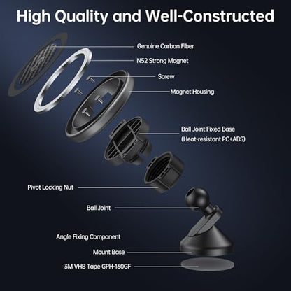SYNCWIRE MagSafe Car Mount - Flexible Rotation Magnetic Phone Holder for Dash, Strong Magnets, Universal Compatible iPhone, Samsung, Pixel - MagSafe Car Accessories - color: Carbon Fiber