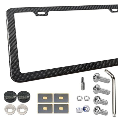 BGGTMO Real Carbon Fiber License Plate Frame, Stainless Steel Base, 1 Pack - color: Real Carbon Frame-2 Holes