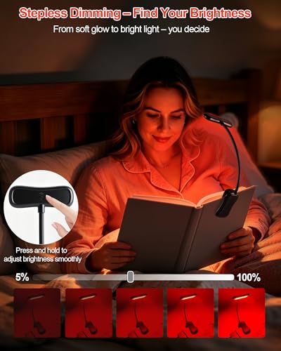 630nm Red Book Light for Reading at Night - Zero Blue Light, Dimmable Reading Lights for Books in Bed, LED Book Lamp Clip on, Gift for Students Parents Nurse Studying Travel [1 Pack]
