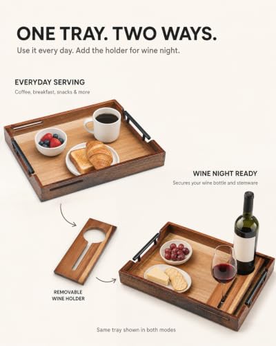 Acacia Wood Serving Tray with Handles for Ottoman Coffee Table - color: Acacia Wood-1
