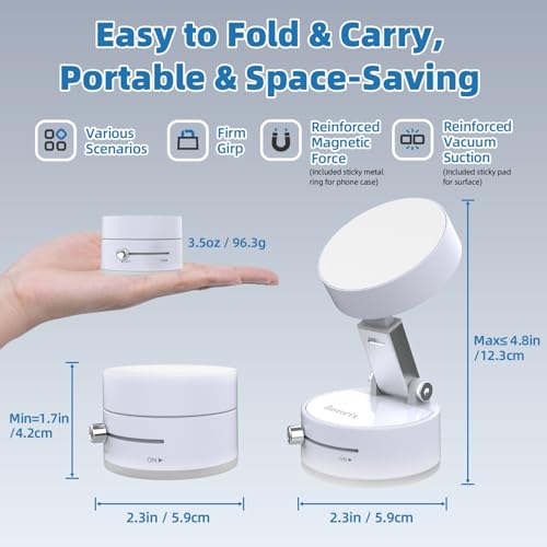 Vacuum Magnetic Phone Holder with Metal Ring Compatible with iPhone 17 16 15 14 All Phone, Portable Universal Collapsible Magnetic Phone Stand for Gym, Car Mount with Windshield Suction Cup - color: White