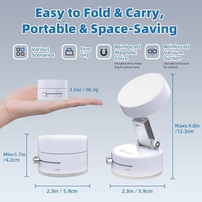 Vacuum Magnetic Phone Holder with Metal Ring Compatible with iPhone 17 16 15 14 All Phone, Portable Universal Collapsible Magnetic Phone Stand for Gym, Car Mount with Windshield Suction Cup - color: White
