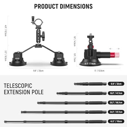 NEEWER Triple Suction Cup Car Mount Compatible with Insta360 X5 X4 GoPro DJI OSMO 360 Cameras, Quick Release Outside Windshield Magic Arm Mount Kit with 2 in 1 Extension Pole/Selfie Stick, CA065 - style: CA065