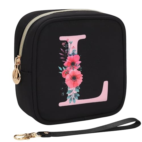 Relavel Initial Mini Makeup Bag for Girls, Small Makeup Bag for Purse with Zipper ＆ Removable Handle, Portable Makeup Pouch Lipstick Skincare Bag, Small Gift Cosmetic Bags for Women Girls(Black L) - size: A-Small, style: L