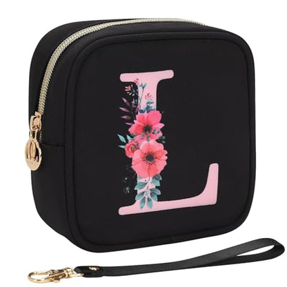 Relavel Initial Mini Makeup Bag for Girls, Small Makeup Bag for Purse with Zipper ＆ Removable Handle, Portable Makeup Pouch Lipstick Skincare Bag, Small Gift Cosmetic Bags for Women Girls(Black L) - size: A-Small, style: L