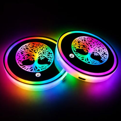 2Pcs Tree Life Theme Car LED Cup Holder Lights, 7 Colors Light Car Coasters - color: Tree of Life