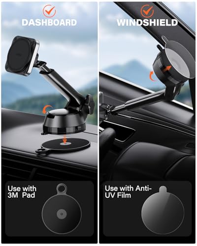 APPS2Car Magnetic Car Mount for MagSafe, Heavy Duty Phone Holder with 20 N55 Magnets, Strong Suction Cup, Adjustable Telescopic Arm, Dashboard & Windshield Mount for iPhone 12-17 Series and All Phones - color: Black