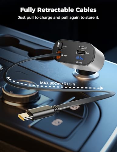 SUPERONE Retractable Car Charger 4 in 1 Fast Car Phone Charger, Silver - color: Silver