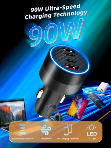 [4 in 1] USB C Car Charger 90W Max Super Fast Charging Adapter,4-Port PD PPS Car Charger Dual USB-C (30W+15W) & Dual 22.5W USB-A Ports for iPhone17/16/15/14, Samsung Galaxy,iPad,Laptop