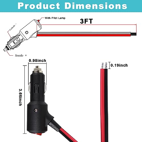 12Volt Replacement Cigarette Lighter Male Plug with On Off Switch - 3FT 12V Fused 15amp Cigarette Male Plug with 16gauge Leads, 12V DC Car Plug Replacement for Car Cooler,Cb Radio, Air Compressor - size: 3FT