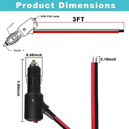 12Volt Replacement Cigarette Lighter Male Plug with On Off Switch - 3FT 12V Fused 15amp Cigarette Male Plug with 16gauge Leads, 12V DC Car Plug Replacement for Car Cooler,Cb Radio, Air Compressor - size: 3FT