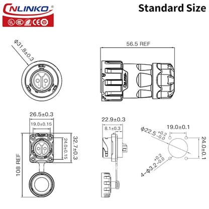 CNLINKO YM-20 2 PIN Waterproof Connector, IP68 Circular Connector, Quick Plugging Aviation Connector, PBT Plastic Shell Solder Connector M20 Male -Female Flange Socket (2 PIN) - size: 2-Pin, style: Solder-Assembly