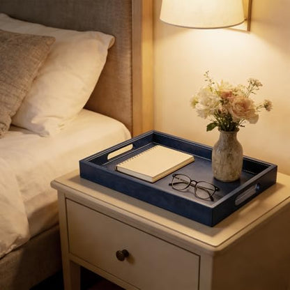 18 x 12 inches Leather Ottoman Serving Tray with Hole Handles, Rectangle Modern Service Tray for Living Room, Coffee Table, Bed, Tea, Food, Butler Countertop, Kitchen, Dinner, Picnic (Blue) - color: Blue, size: 18" x 12" x 2"