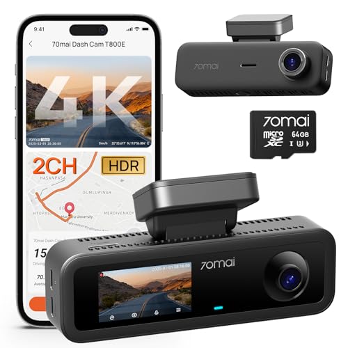70mai 4K Dash Cam Front and Interior, 4K HDR Dash Camera with F1.55 Aperture, Wi-Fi 6, 24H Parking Surveillance, GPS, Loop Recording, 64GB Card Included, UHD Dashcam for Cars/Taxi/Uber/Lyft - size: T800E-64GB
