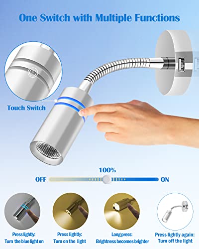 THALASSA 12V Short Gooseneck Reading Light with 5V USB, Warm White Dimmer
