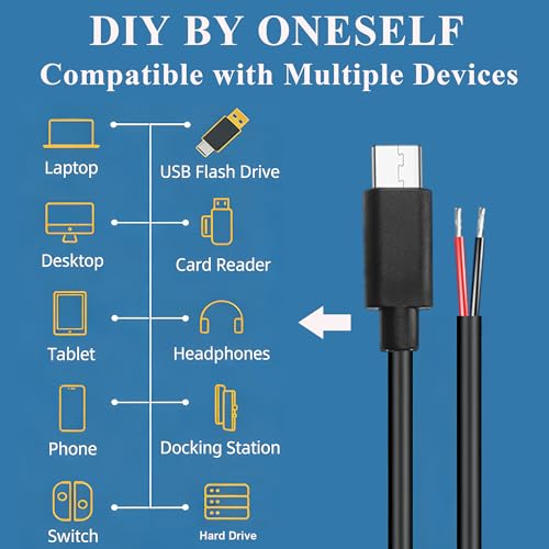 USB Type-C 2 Pin Bare Wire Cable,5V 3A 22AWG USB C Male Plug to 2 Pin Open End Pigtail Extension Power Cable for DIY Equipment Installed Replace Repair-0.5M/1.64FT (4PCS) - style: 0.5M/1.64FT-(4PCS)