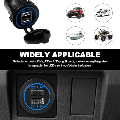 4.2A Dual USB Charger Socket, Waterproof Power Outlet 12V/24V 2.1A & 2.1A Quick Charge Socket, USB Charger Socket with Cap for Car Golf Cart Mobile RV ATV Truck Marine Boat (Blue) - color: Blue