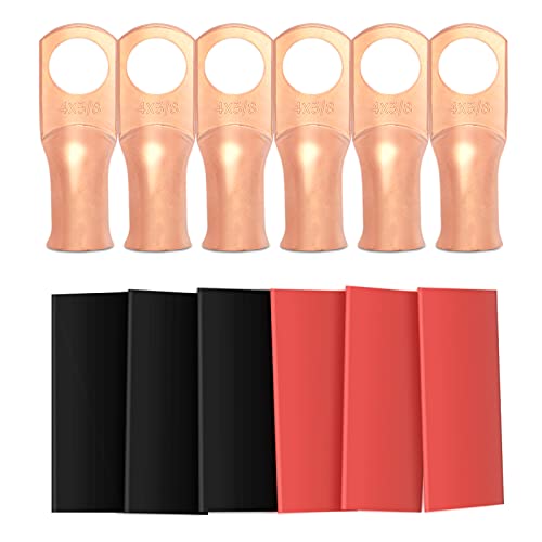 Sanuke 6pcs 4 Gauge 3/8" Wire Connectors, Battery Copper Lugs Terminals - color: Bare Copper, size: 4 Awg - 3/8" (M10)