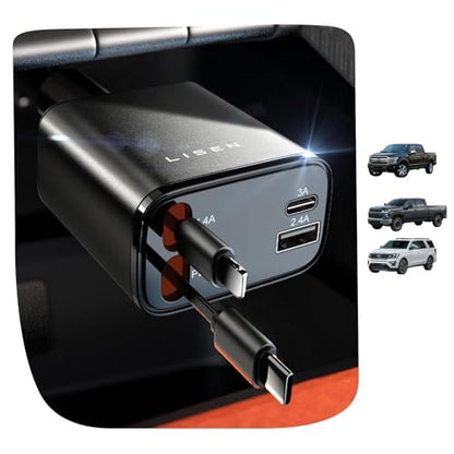 LISEN Retractable Car Charger, [2026 Upgrade 50 inch ] Long 4 in 1 Retractable Cable Car Charger, USB C Car Charger Fast Charging for iPhone 17 16 15 14 13 12 11 X Pro Max Plus Mini, Samsung S26 - color: Grey, size: 50 Inch