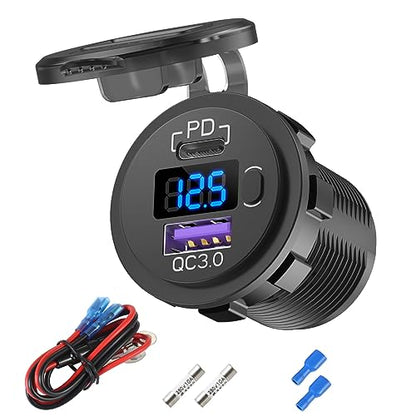 Hapytrip 12V USB C Car Charger Socket, 38W PD 3.0 & QC 3.0 Car USB Port, Waterproof 12 Volt USB Outlet with Power Switch Voltmeter for Car Marine Truck RV - color: Plastic