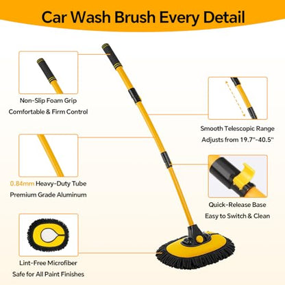 7 in 1 Car Wash Kit with 20L Folding Bucket & Brush, Extendable Car Wash Brush with 40.5" Long Handle, 15° Curved Aluminum Pole, Scratch-Free Microfiber Chenille Mop for SUV Truck RV, Yellow - color: Yellow