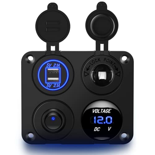 Nilight 4 in 1 ON OFF Charger Socket Panel Dual USB Charger Power Outlet LED Voltmeter Cigarette Lighter Socket LED On Off Rocker Toggle Switch for Truck Car Marine Boats RV, 2 Yeas Warranty - color: 4 in 1 Panel