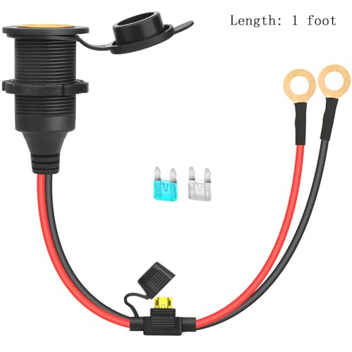 2pcs 1FT 12V/24V Fixed Thread Cigarette Lighter Socket Extension Cable Automotive Marine Waterproof Outlet Socket Replacement 13AWG Heavy Duty Cable with Spare Fuse 20A 30A - color: 1FT 2PCS