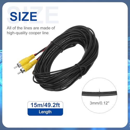 MECCANIXITY Backup Camera RCA Video Cable, 15m/49.2ft RCA Car Rear Reverse Camera Video Extension Cable & Detection Wire for Truck Bus SUV, Male to Male, with Female to Female Coupler - size: 15m/49.2ft