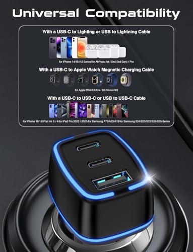 USB C Car Charger, 3 Port PD Super Mini Cigarette Lighter Adapter, 2Pack USB-C & A Fast Car Charging for iPhone 16/15 Pro Max, Galaxy S25/S24, iPad, Pixel, Android Phones,Travel Essentials for Men - color: Black