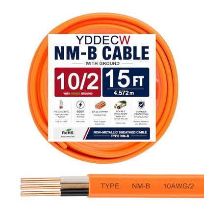 10/2 NM-B Wire with Ground - 15FT 10 Gauge Non-Metallic Sheathed Cable Pure Copper 10 AWG 2 Conductor Residential Indoor Wire for Outlets, Switches and Other Loads etc. - size: 15FT, style: 10AWG/2