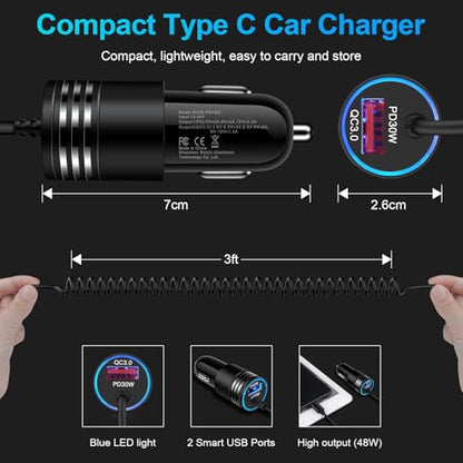 for iPhone 17e/17/16/15 Car Charger,48W PD+QC USB C Fast Car Charger - style: Coiled Cable